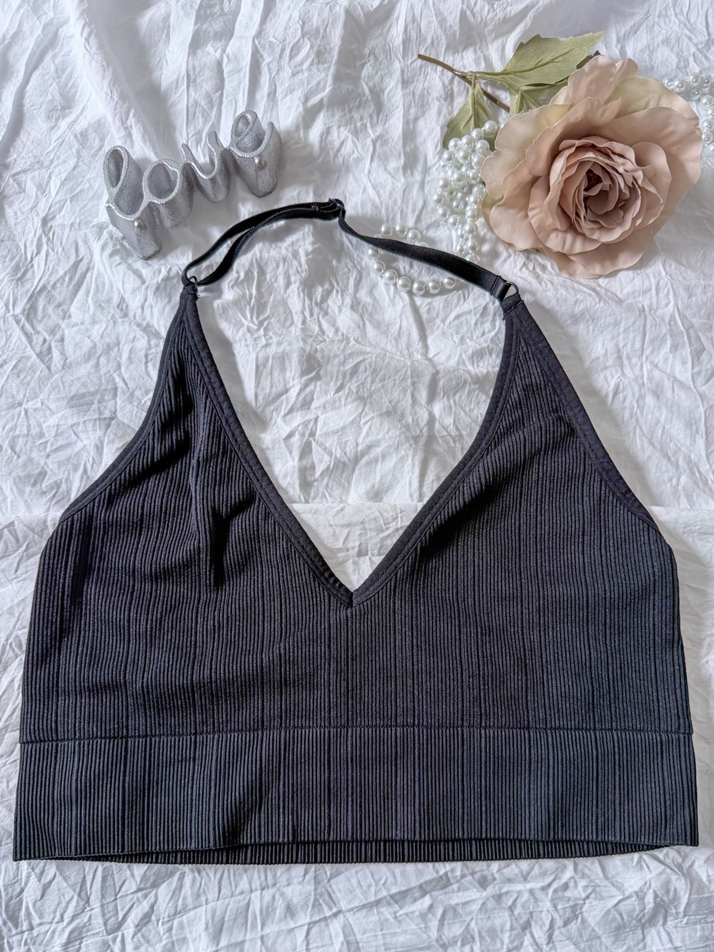 Victoria Secret’s Pink Black Ribbed V-Neck Halter Bralette